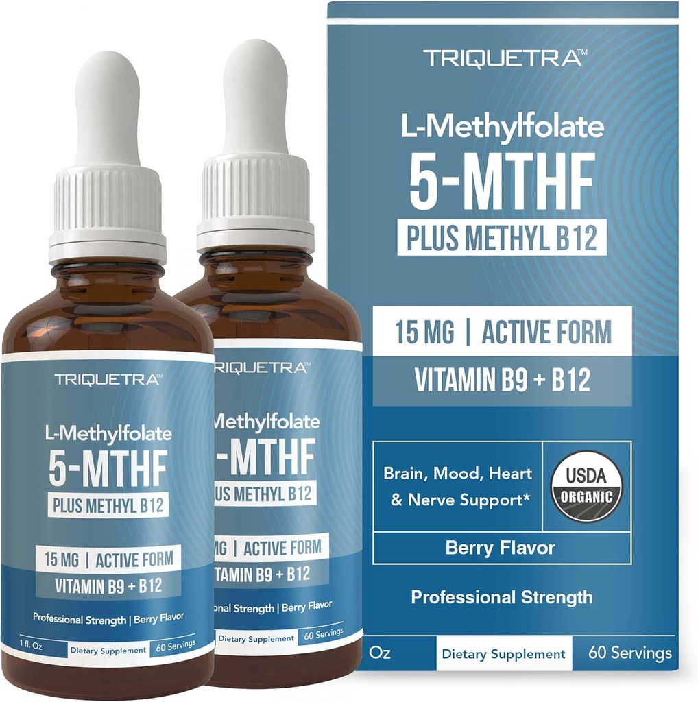 L Metyl Folate 15mg Plus Methyl B12 Cofactor – Organisk, Berry Flavor, Professional Styrke, Flytende Sublingual, Aktiv 5-MTHF Form - Støtter Mood, Homocysteine Methylation, Kognisjon (1oz -2 Pack)