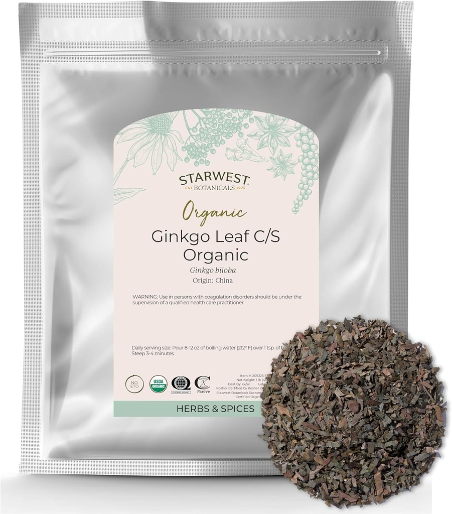 Starwest Botanicals Organic Ginkgo Leaf - Ginkgo Biloba, Tørket Loose Leaf Urt for te, kapsler, og urteblandinger, Cut & Sifted, sertifisert Kosher, ikke-GMO - bulk 1 lb Bag