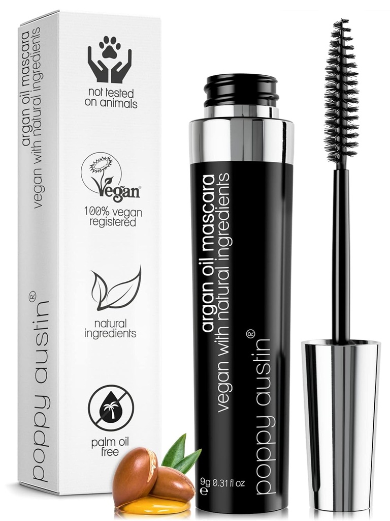 Poppy Austin Organic Mascara, Naturlig, Vegan, Paraben-fri, Cruelty-Free - Hypoallergenic Mascara Lengde & Volumizing med Argan olje - 0.31 Fl Oz (svart)