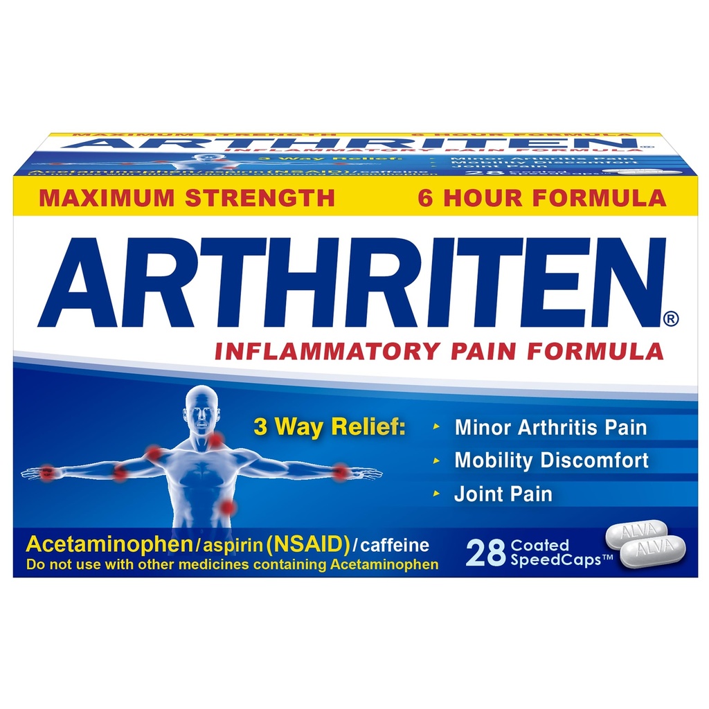 Inflammatoriske smerteformler med 3 aktive ingredienser: aspirin, acetaminofen og koffein, hvit, 28 greve (pakke med 1)