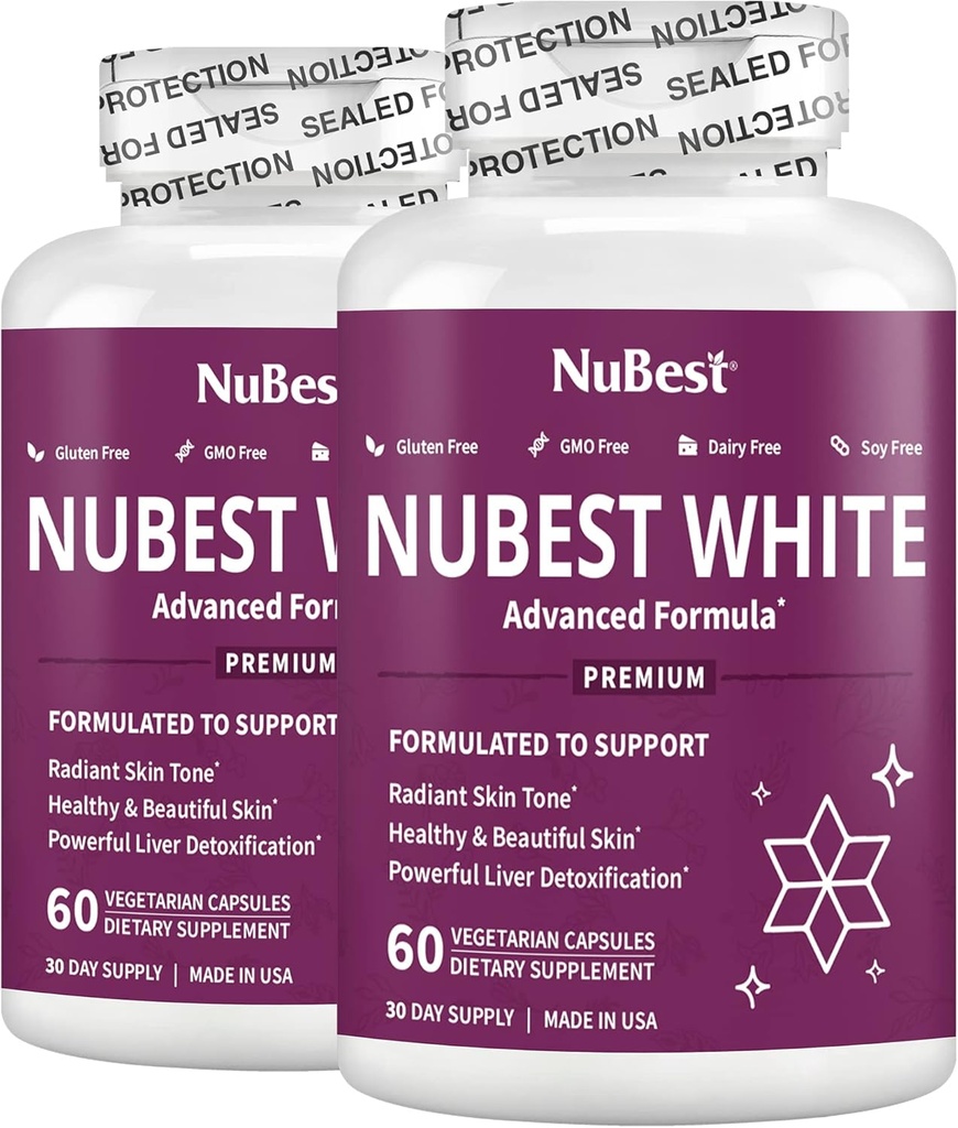 NuBest White - Hudblekning Supplement, Supplement for anti-aldring med glutathione, vitamin C, E, B2, Melk Thistle Extract, Grønn Te Ekstrakt for Lightening og Brightening ® Pack 2