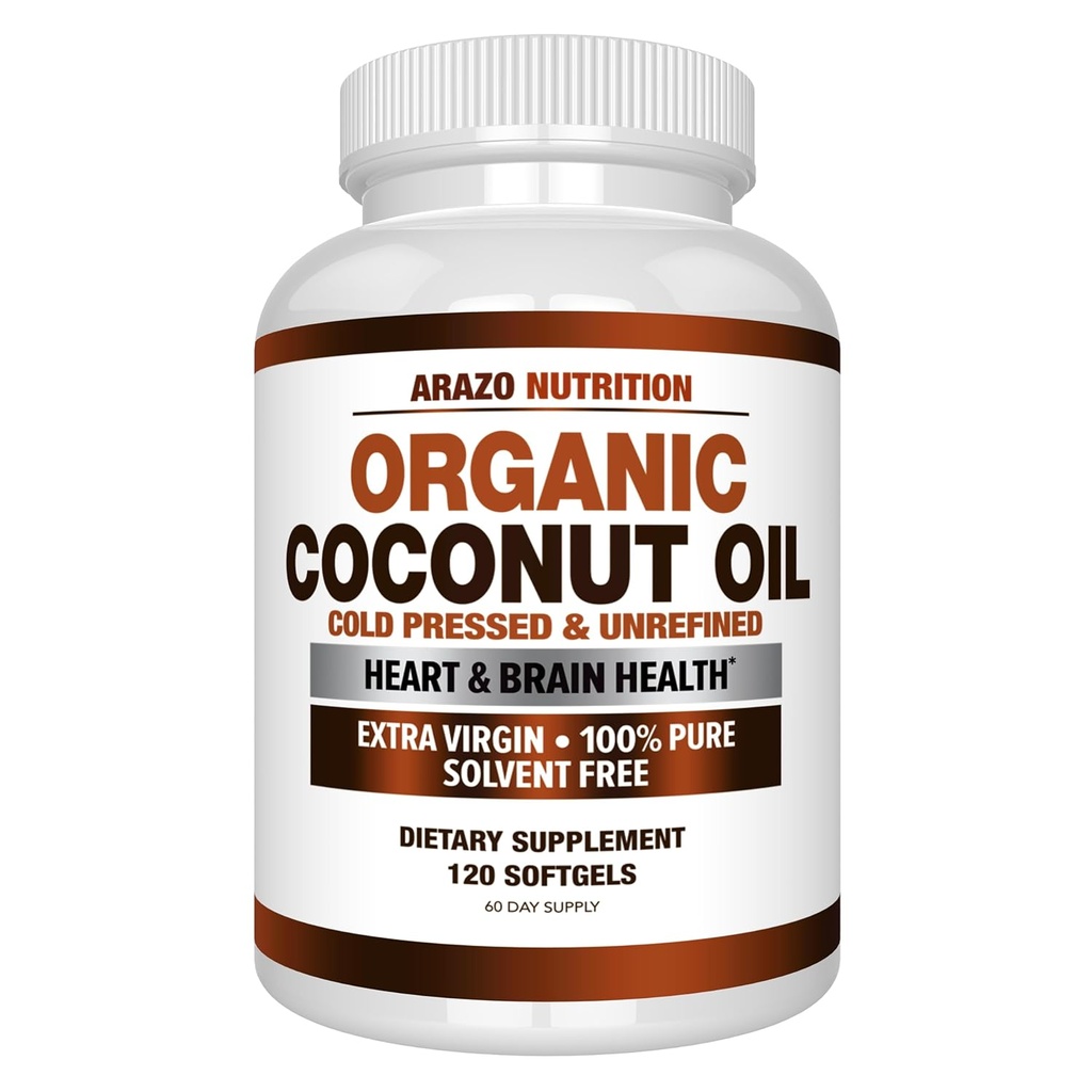 Arazo Nutrition Organic Coconut Oil 2000 MG - 100% ekstra Virgin Unrefined Cold Pressed for vekt støtte, hud, hår, negler - 120 Softgel kapsler