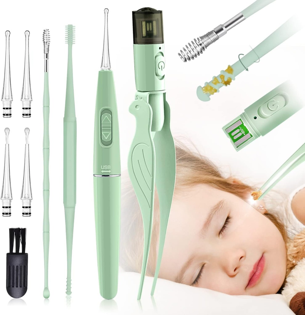 Ear Wax fjerningsverktøy, 9 pakke ørerenseverktøy, øreplukk med 2 LED-lys, built-in USB øret Wax remover for barn og voksne