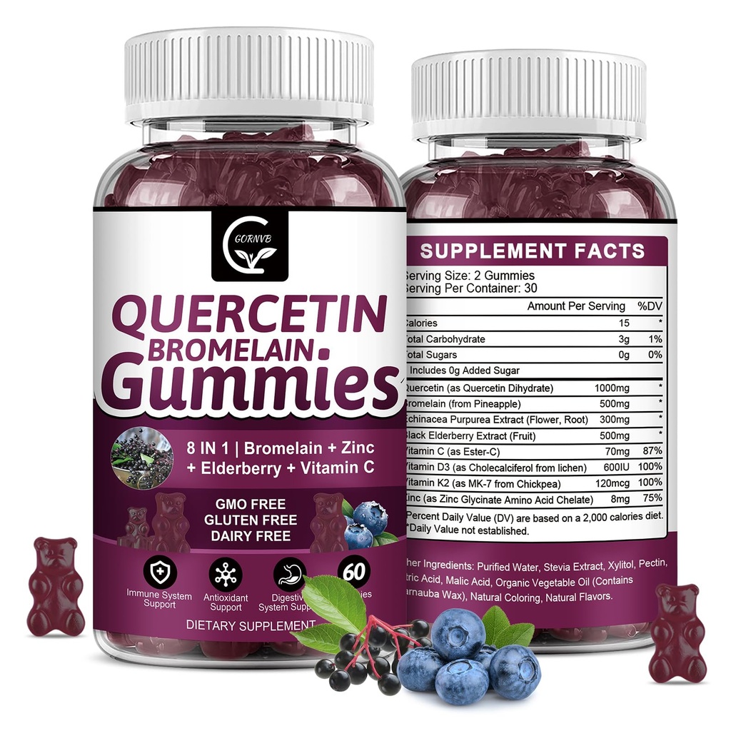 Quercetin Gummier med Bromelain 2378mg - Blande med eldrebær, Echinacea Purpurea ekstrakt, sink, vitamin C,D3,K2, komplekse støtter immun, kardiovaskulær og pustende, Vegan Gummy for voksen og barn