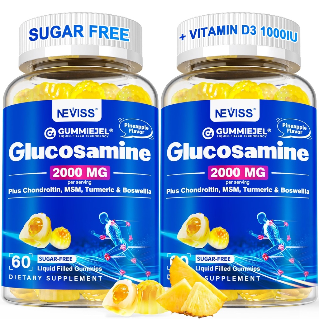 Sukkerfri glukosamin fylte gummier - Glukosamin Supplement Plus Chondroitin, MSM, Turmeric, Boswellia, Hyaluronsyre, vitamin D3 & sink, 120 gummier, 60 serveringer