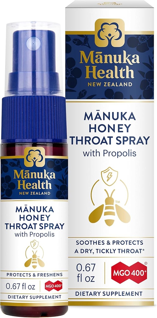 MANUKA Helse, Manuka Honning Throat Spray med propolis .67 fl oz, Beskytter & Freshens, MGO 400+, BIO30 New Zealand Propolis