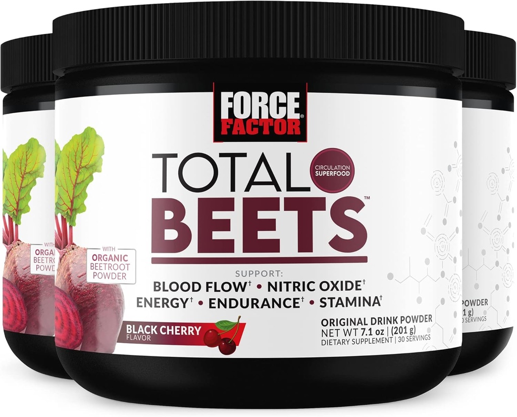 FORCE FACTOR Totalt betes Superfood Beet Root Powder 3-Pack, Nitrater for å støtte sirkulasjon, blodstrøm, nitrogenoksid, energi, utholdenhet, Stamina, kardiovaskulær hjerte helse supplement, 90 serveringer