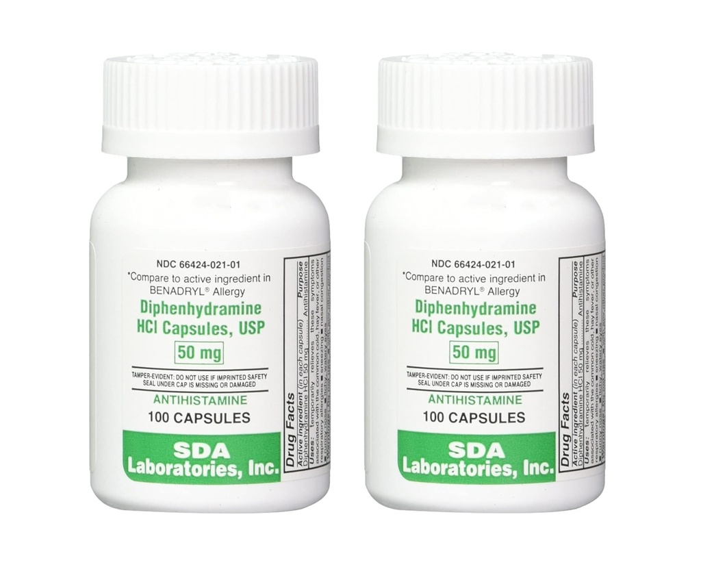 SDA LABORATORIES Diphenhydramine 50 mg, Allergi Relief, Antihistaminer Kapsler, Fast-Active Formula for Sneezing, Runny Nese & Itchy Eyes – 100 Count (2 Pack)
