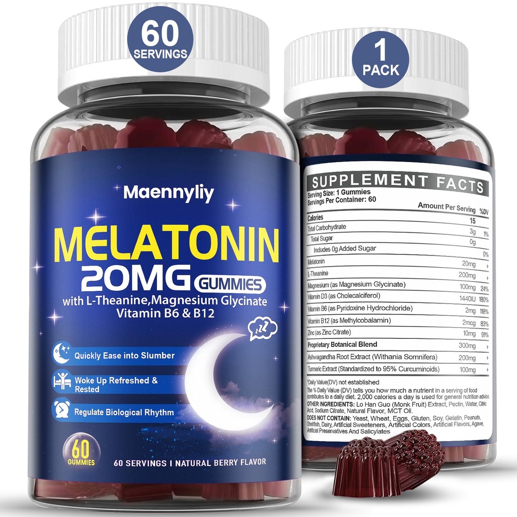 Melatonin 20mg Gummies for voksne - Sukkerfri Melatonin Gummies Ekstra styrke med L-Theanin, Magnesium, Ashwagandha, Turmeric, D3 & Zinc - Ikke-Habit Forming