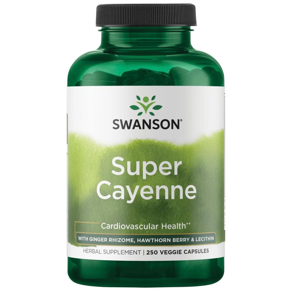 Swanson Super Cayenne - Herbal Supplement fremme hjertehelse, sirkulasjon og blodflyt - Naturlig formel w/Ginger Rhizome, Hawthorne Berry & Lecithin - (250 Veggie Capsules)