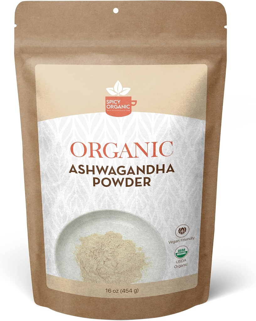 SPICY ORGANIC Organic Ashwagandha Root Powder – 1 lb., Non-GMO, 100% Raw fra India – Indisk Ginseng (Withania Somnifera) – Naturlig stress støtte, energi og immun helse