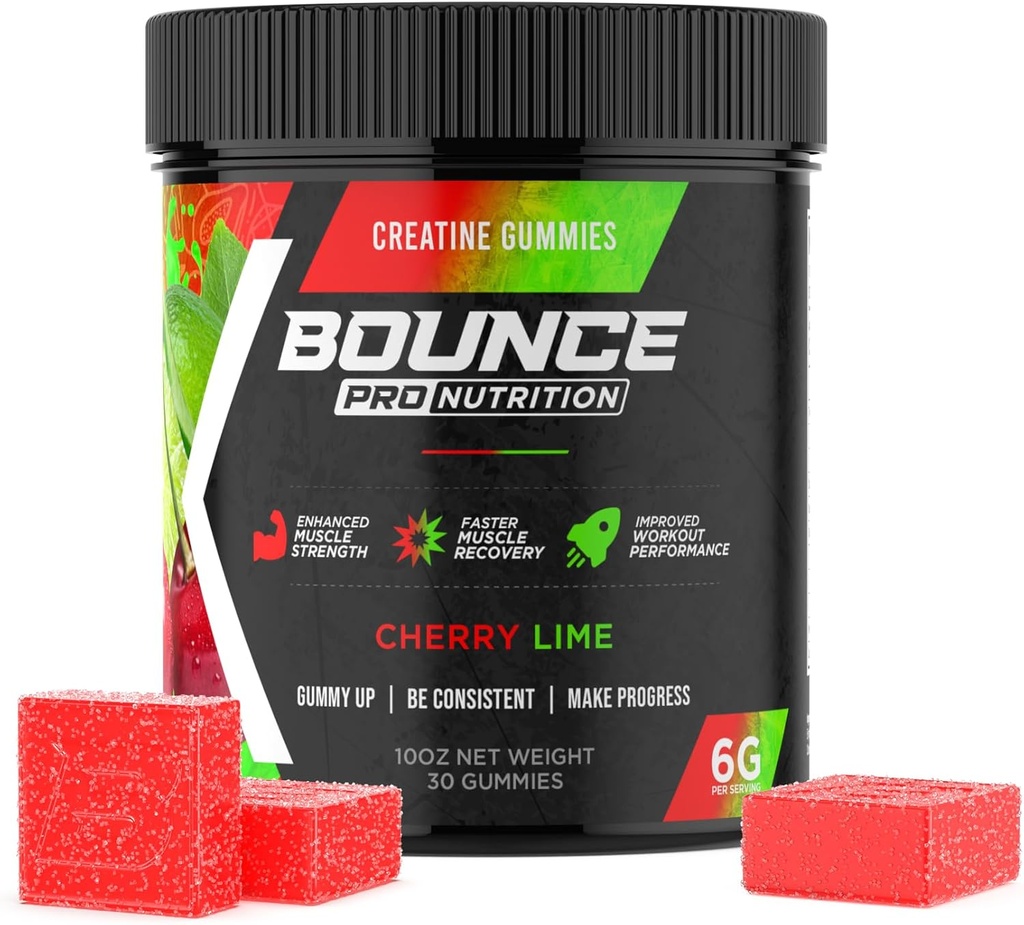 Bounce Pro Creatine Monohydrat Gummier for menn og kvinner, Lav kalorie, 6G kreatin per servering, Vegansk, Anti-Melting, Glutenfri, Ikke-GMO, 2g Creatine per Gummy (30ct, Cherry Lime)