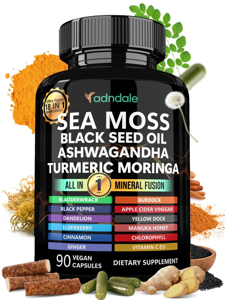 Adndale Sea Moss Svart Seed Oil Ashwagandha Ginger kapsler. SeaMoss Kapsler med svart frøolje, Ashwagandha, gurkemeie, Moringa, Bladderwrack, Burdock Root, Manuka Honning, kanel