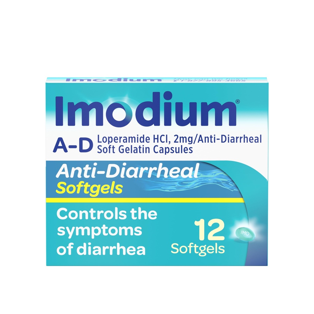 Imodium A-D diarrea Relief Softgels med Loperamid HCl, Anti-Diarreal medisin for å hjelpe kontroll symptomer på diarre på grunn av akutt, reisendes diarre, HSA/FSA kvalifisert, 12 ct