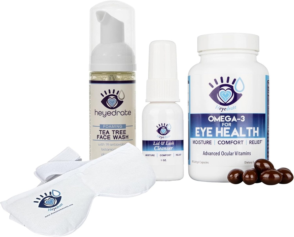 Heyedrate Triglycerid Omega 3 Fish Oil, Heated Eye Mask, Lid and Lash Cleanser Foaming Te Tree Face Vaske Bundle for Eye Health, gir lindring for irritert øyne