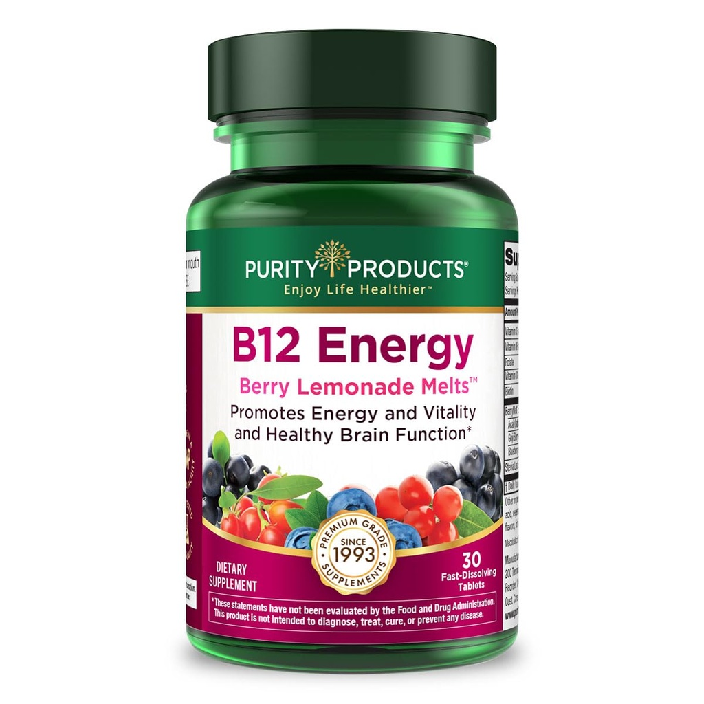 Renhetsprodukter B-12 Energi Berry Lemonade Melt m/Super Frukter Metylkobalamin B12 - vitaminer B6, D3, Folsyre og Biotin - høy absorpsjon MekobalActive B 12-30 smeltetabletter