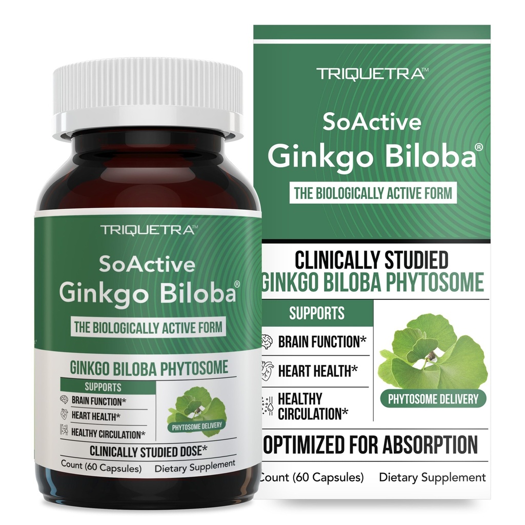 SoActive Ginkgo Biloba med GinkgoSelect® Phytosom ® klinisk studert forsterket absorpsjon for hjerne, hjerte og minnestøtte – 180 mg – bidrar til å opprettholde sirkulasjon og kognitiv helse (60 kapsler)