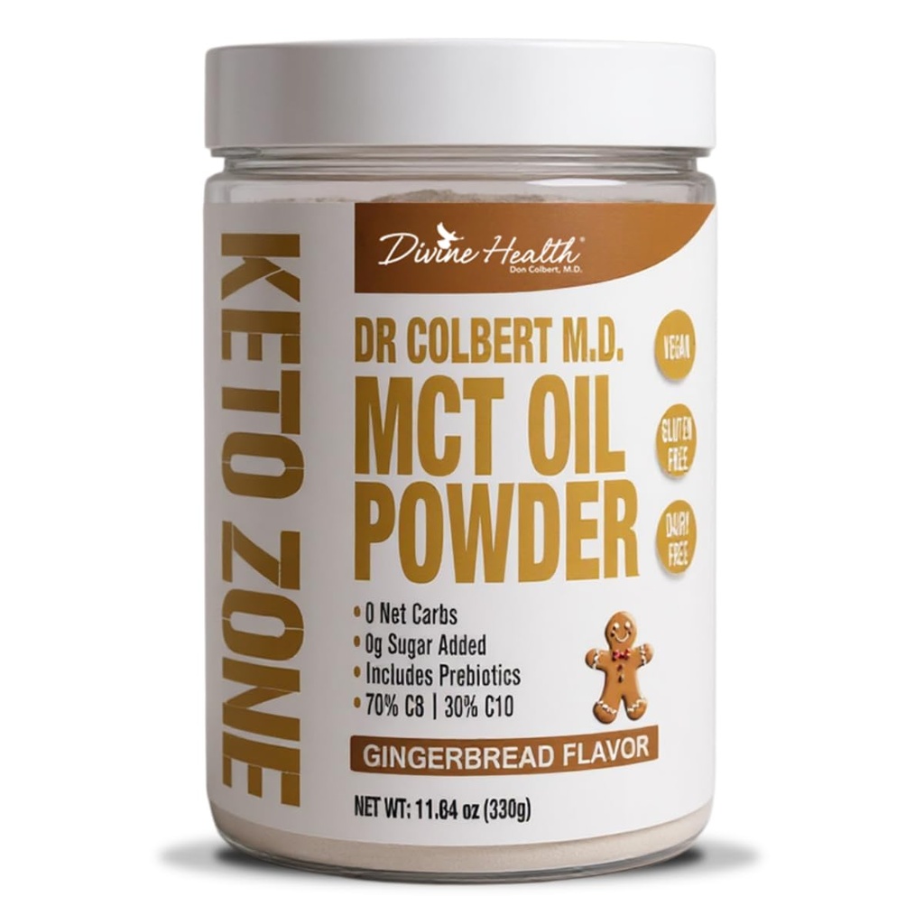 Divine Health Keto Zone® MCT oljepulver | Gingerbrød | 330 G | 30 dagers forsyning | Dr. Colberts keto sone diett | 70% C8 30% C10 | 0 netto karbohydrater