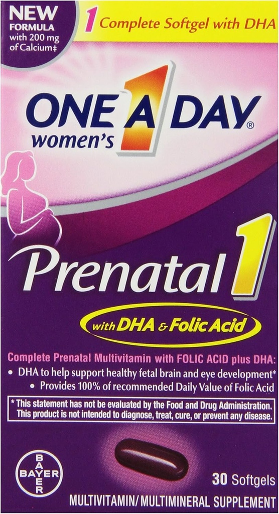 En dag kvinners prenatal 1 multivitamin, Supplement for før, under og post graviditet, inkludert vitaminer A, C, D, E, B6, B12 og Omega-3 DHA, 30 greve