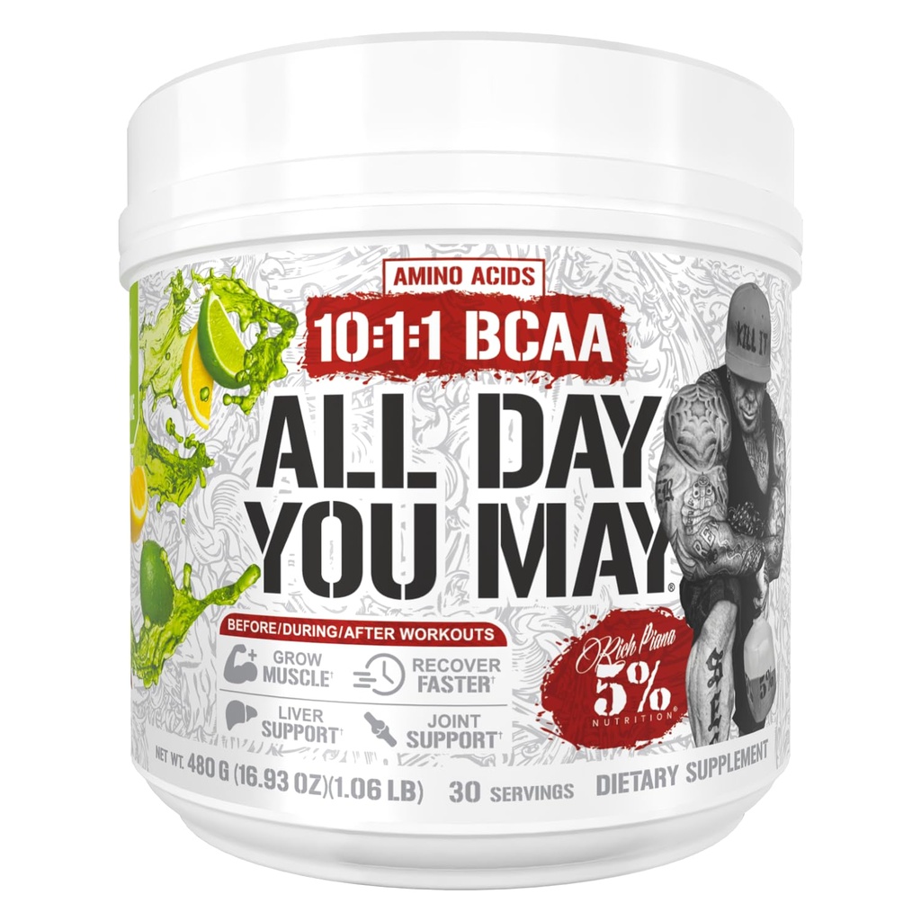 5% Ernæring Rich Piana AllDayYouMay BCAA Powder ® Premium Intra & Post Trening Aminosyrer, Hydrasjon, Utholdenhet, Muskelgjenvinning, Felles & Liver Support ® 15,3 oz, 30 Serveringer (Lemon Lime)