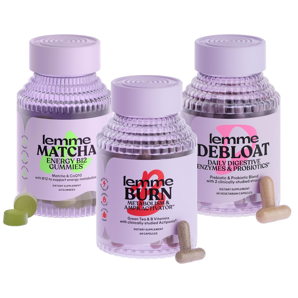 Lemme Burn, Debloat & Matcha Bundle - Metabolisme og fettforbrenning Kapsler + Bleating & Gas Relief Kapsler + Energi B12 Gummier - Glutenfri, Ikke-GMO - 60 ct ea