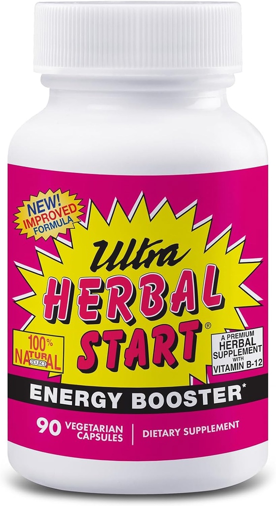 Ultra Herbal Start Energy Booster - med B-12, Panax Ginseng, Yerba Mate, Kola Nut, Spirulina & Echinacea | fremmer naturlig økning i energi, Stamina & Endurance | Supplement - 90 Kapsler
