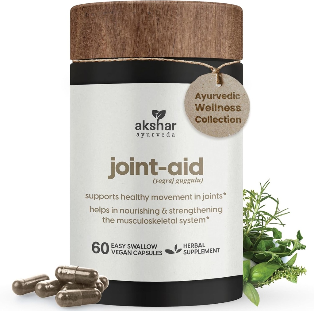 AKSHAR Ayurveda - Joint Aid - Indisk Herbal Joint Support Supplement for anledningers mobilitet Relief av kne, rygg, hender - Vegan Cruelty-fri muskel og ledd kosttilskudd (pakke med 1 (60 greve - A))