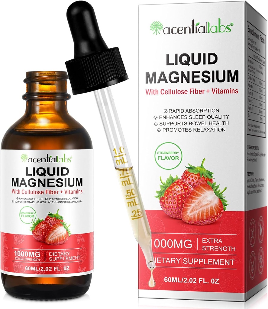 Magnesium Glycinat flytende, Liquid Magnesium 1000Mg, Magnesium Drops,Liquid Magnesium Supplement, med Cellulose Fiber, Vitamin B6, C, D, Sink, Digestive Helse,Promotes Avslapning, Ingen Sukker, 2 Fl Oz