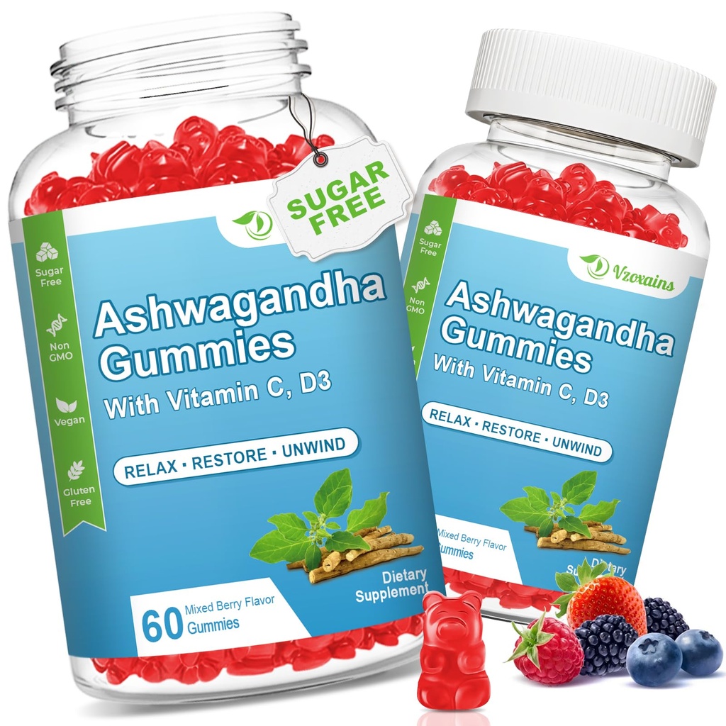 2 pakke Ashwagandha Gummies med vitamin D for kvinner og menn, sukker gratis vegan 1000MG Ashwagandha Supplement Gummy & vitamin C, 120 greve