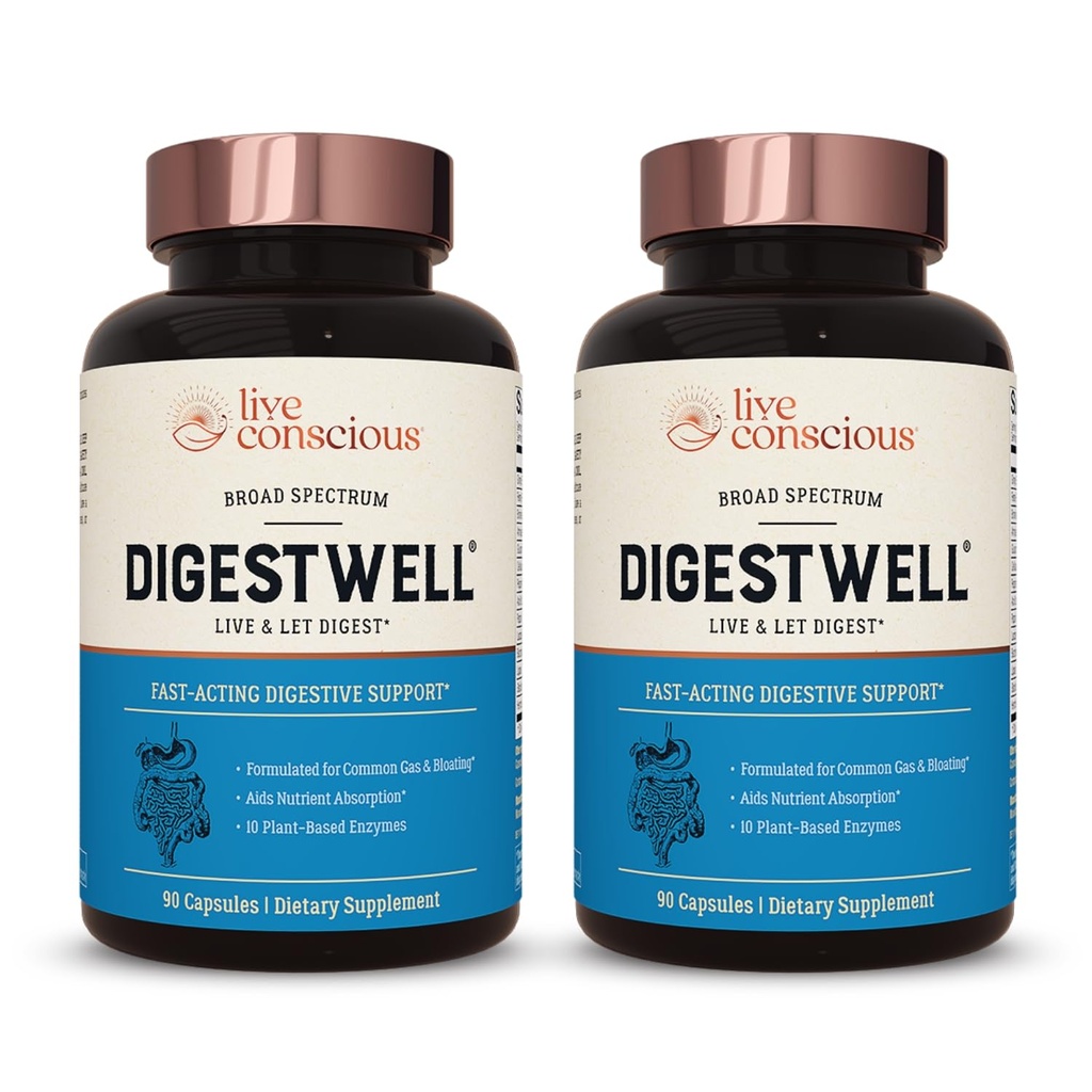 Live Conscious DigestWell Umiddelbar støtte - rask aksjonell digestiv støtte | bredt spektrum enzyme, probiotiske og herbal formel - reduserer daglig gass & blotting - 90 kapsler (2-Pack)