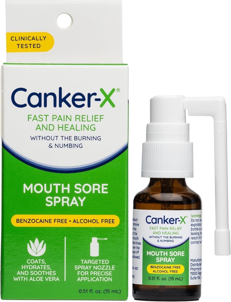 Canker-X Mouth Sore Spray, Munnsmerter Relief fra Canker Sores, Burns & mer, Ingen brenning & Numbing, Benzocaine-fri & alkoholfri munn Ulcer behandling, målrettet Spray Nozzle, 0,51 Fl. Oz.