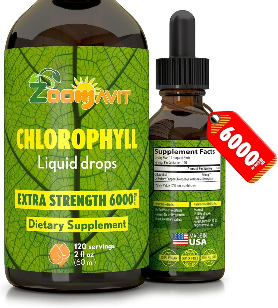 Klorofyll flytende dropper 100% organisk vegansk - energi og immunsystem Booster Supplement med Mint Flavor for vann - naturlig intern deodorant - Ekstra styrke 6000mg 120 serveringer