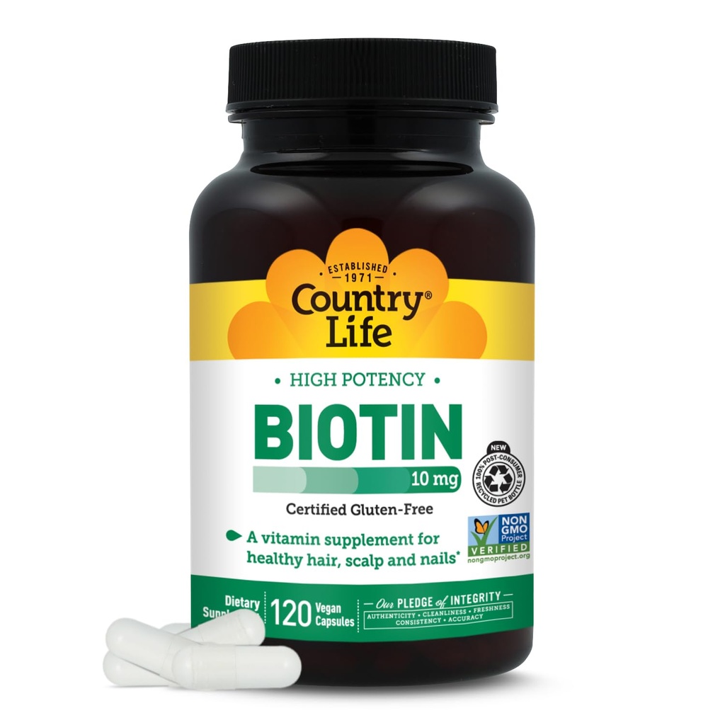 Country Life High-Potency Biotin 10 mg - Vegan & Glutenfri Biotin Supplement for hud og negler, energimetabolisme - Biotin 10000mcg Kapsler