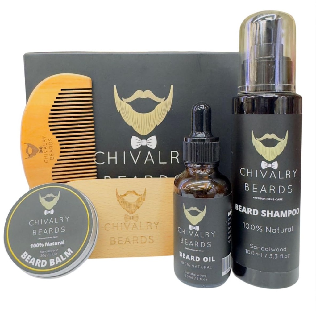 Skjeggvekstsett - Skjeggvekstolje - Skjegg Shampoo - Sandalwood Comb - Boar Brush, Skjegg Balm - Naturlig - Moisturizing - Grooming-Defrizzing
