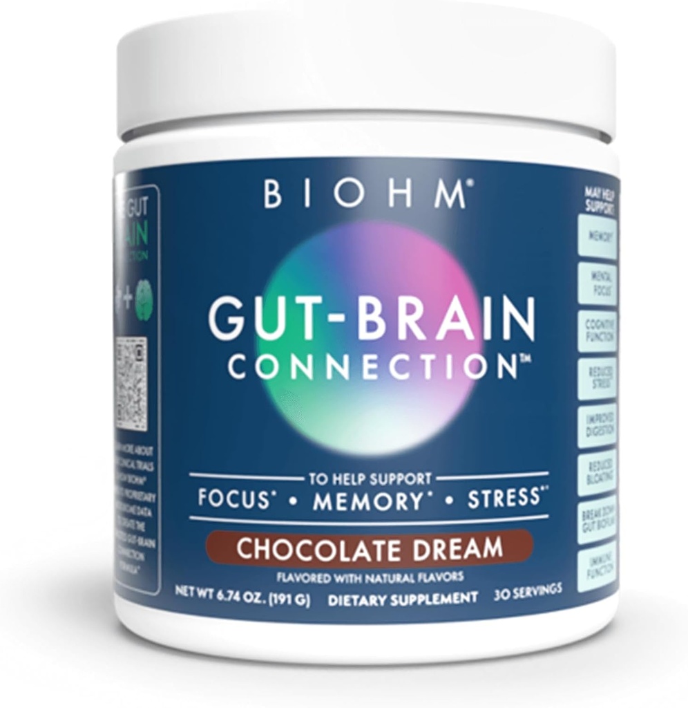 BIOHM Gut-Brain Tilkoblingsminne & Focus Supplement (6.74 Oz, 30 Serveringer) støtter Gut helse og kognitiv velvære, hjelper forbedre humør, probiotika, Lions Mane & Bacopa Monneiri, sjokolade Flavor