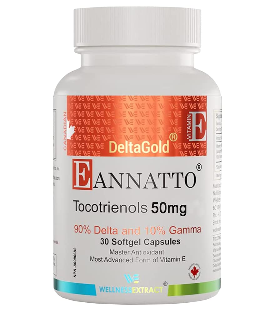 WELLNESS EXTRACT Eannatto Tocotrienols Deltagold Vitamin E Kosttilskudd Softgels, Tocopherol gratis, støtter immunhelse, ikke-GMO, Glutenfri og antioksidant (50MG 30 Softgels).