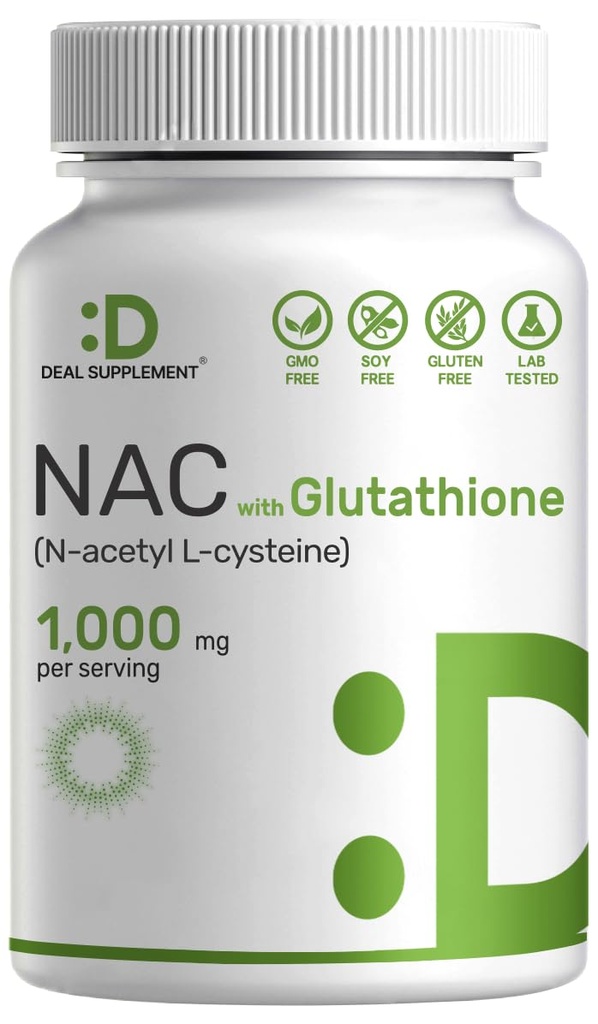 DEAL Supplement NAC (N-Acetyl Cysteine) 1000 mg Per Serving med redusert glutation, 240 kapsler - Antioksidant støtte for immun helse, lunge og leverfunksjon