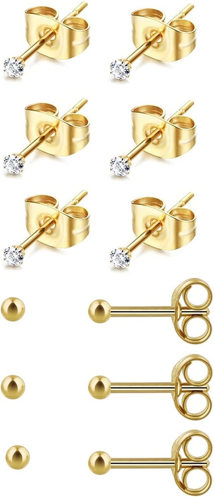 6Pairs 2mm / 3mm Kirurgisk stål Hypoallergenic Piercing Studs, 20G 14K Ekte gull fylte små øredobber sett for flere hull piercing (Cubic Zirconia, Pearl, Ball)