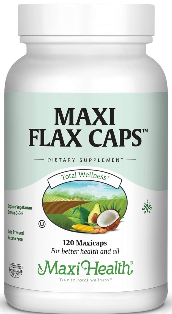 Maxi Flax Caps – Organic Flax Seed Oil, Omega 3, 6, 9 - Cold Press - Hexan Free, 700 mg – Kosher, 120 caps