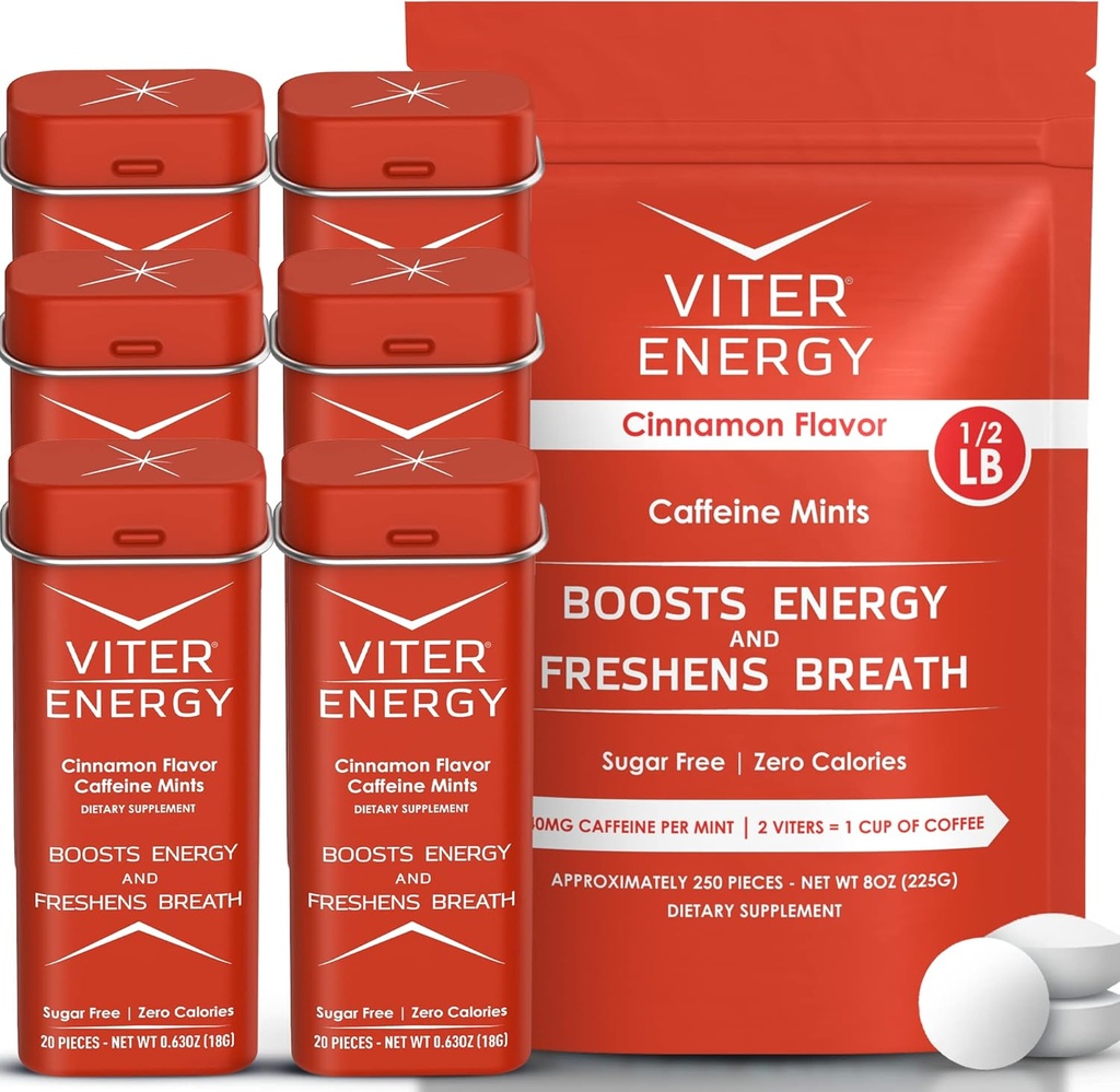Viter energi opprinnelige koffein mynter kanelflavor 6 pakke og 1/2 pund bulk pose bundle - 40 mg koffein, B vitaminer, sukkerfri, vegansk, kraftig energiforsterker for fokus og varsling
