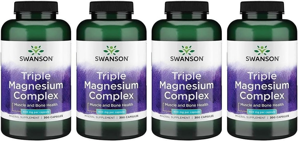 Swanson Triple Magnesium Complex - Mineral Supplement - Naturlig støtte - Med Citrate, Oxid & Aspartate - (300 kapsler, 400mg Hver, 4 Pack)