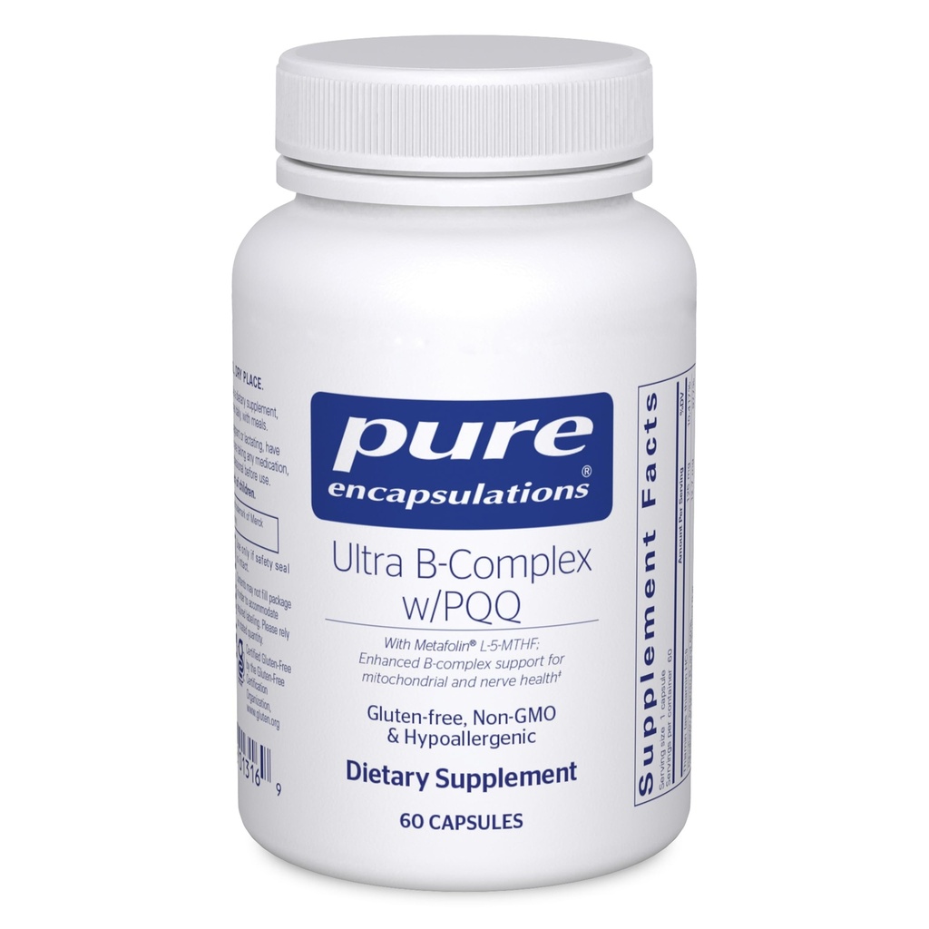 Rene innkapslinger Ultra B-kompleks med PQQ  Vitamin Vitamin B Supplement for å støtte nerver, celler, metylering og mitokondriell helse* 60 kapsler