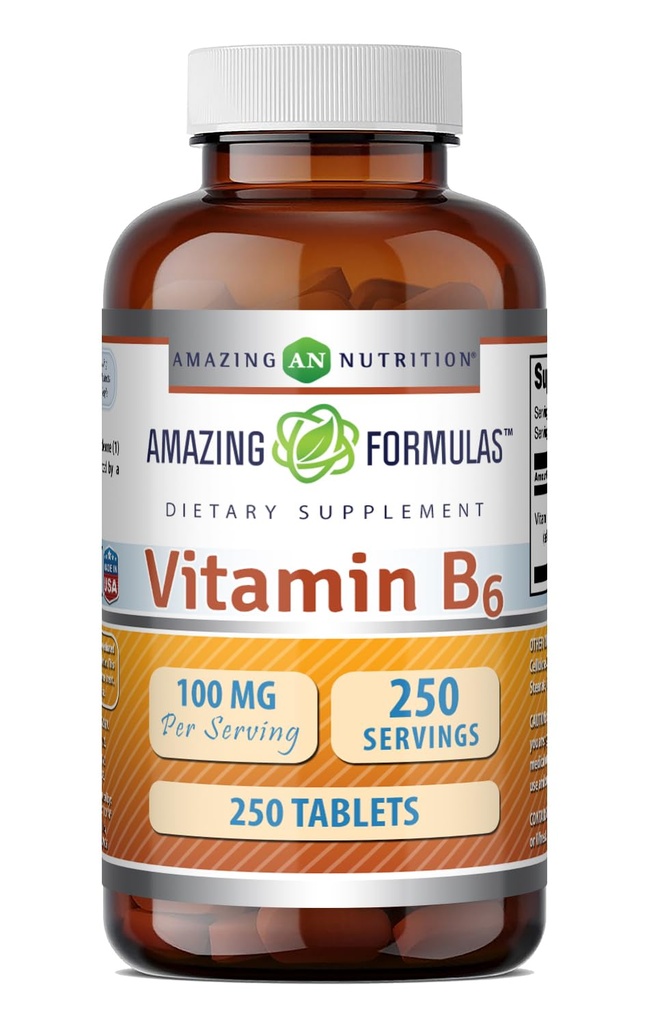 Amazing Formler Vitamin B6 Supplement | 100 Mg per servering | Tabletter | Ikke-GMO | Glutenfri | laget i USA (1 Pack, 250 Count)