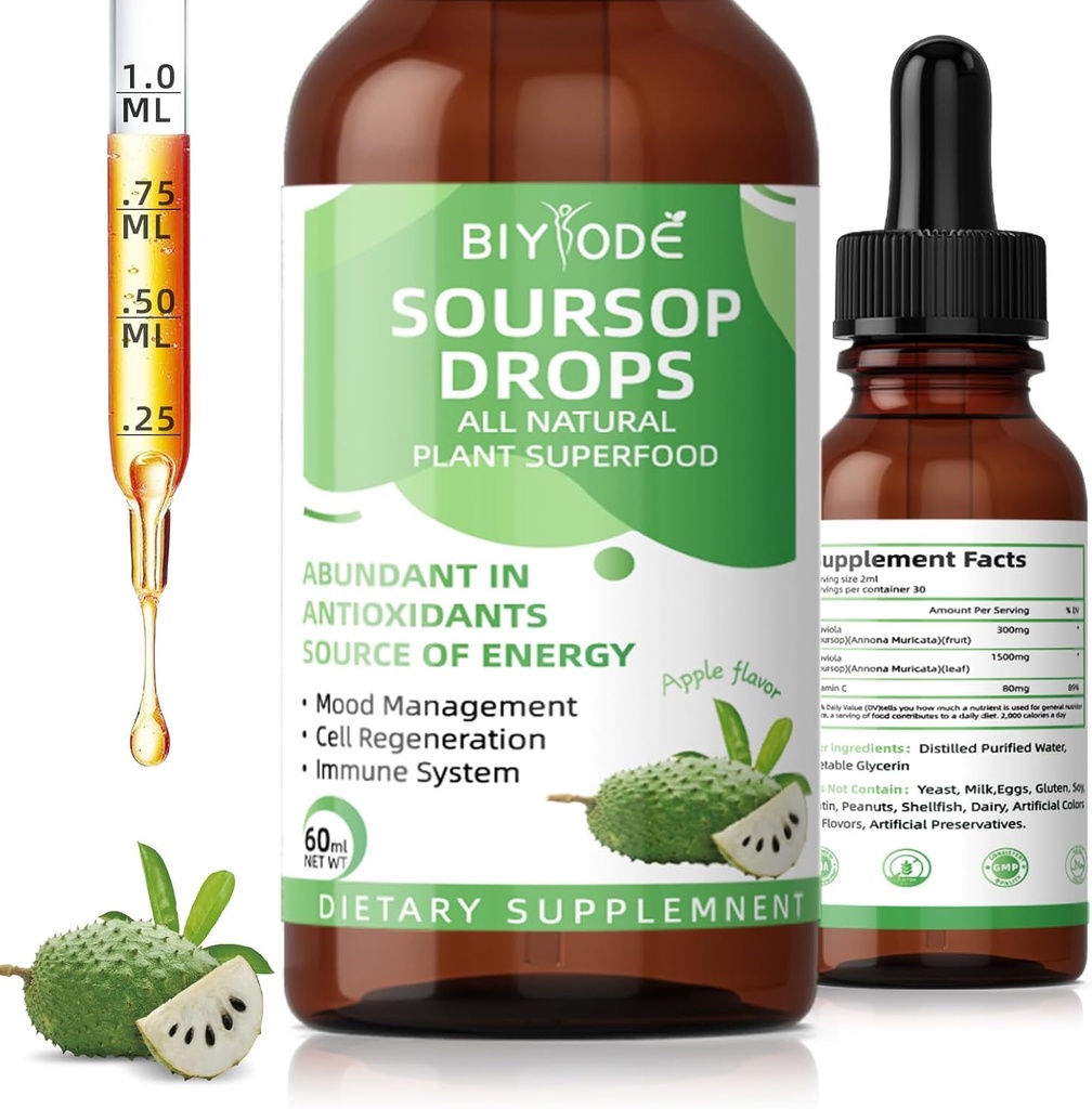 Soursop Graviola flytende dråper: 1800mg Premium Antioksidant Støtte for immun helse Digestion Avslapning Søvn Vegansk Glutenfri Sukker Gratis 1 Fl Oz 30 dagers forsyning