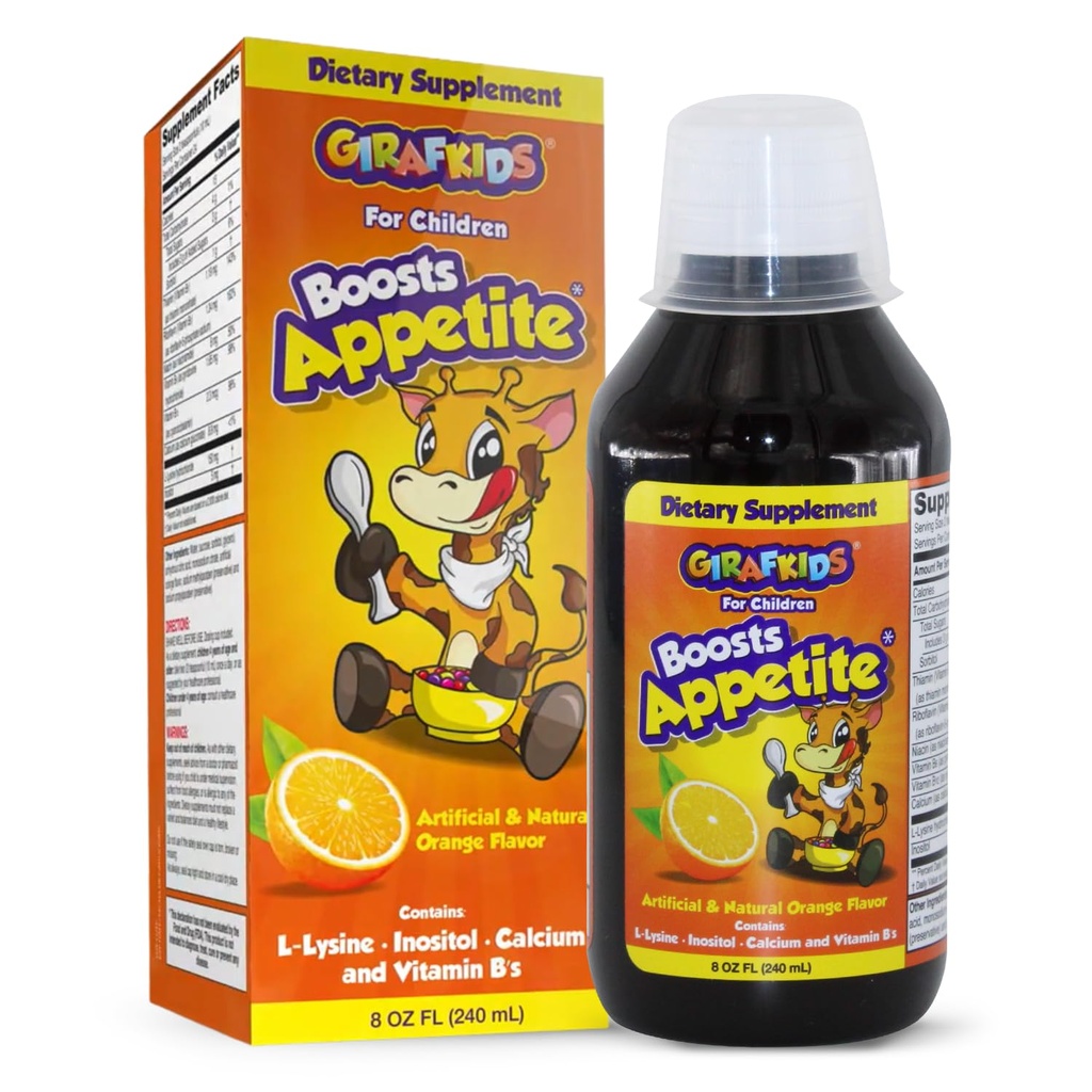 GirafKids Appetitt Booster Syrup for barn Alder 4+, 8 Fl Oz - Vitaminer for barn, Orange Flavor - fremmer sunn aptit og energi