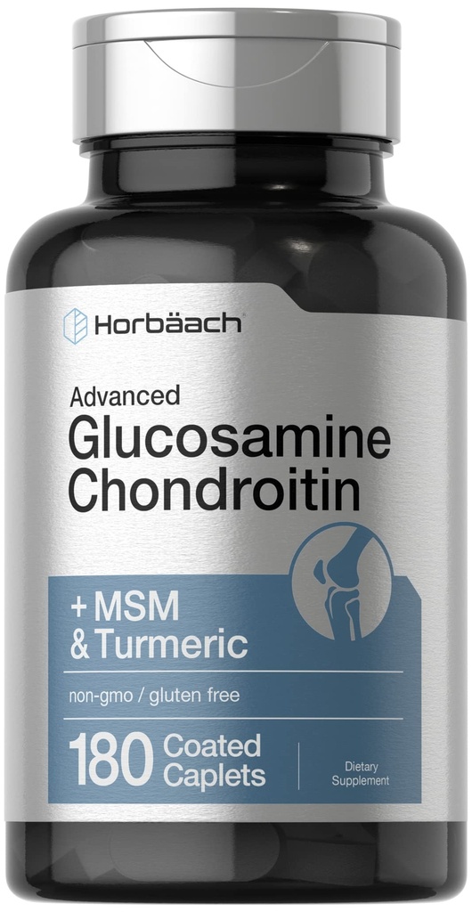Horbäach Glucosamine Chondroitin | Plus MSM & Turmeric | 180 Coated Caplets ikke-GMO, Glutenfri supplement