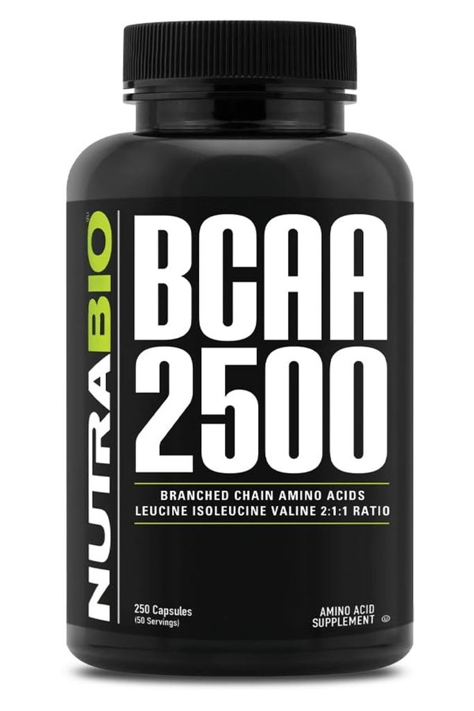 NutraBio – BCAA 2500 – Branched kjede Aminosyrer – Støtte ny muskelvekst og hindre muskelnedbrytning – 250 kapsler