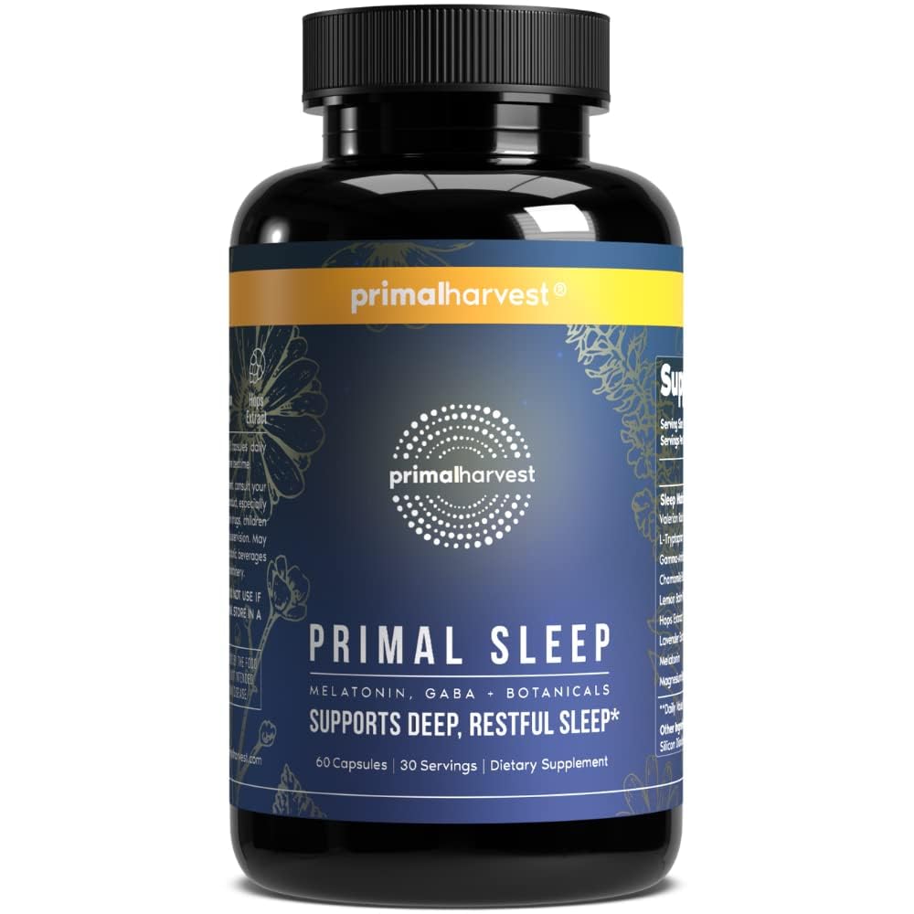 Primal Harvest Primal søvnstøtte Supplement for voksne med Melatonin, GABA, Valerian Root, L-Tryptophan, Magnesium Bisglicinate Chelate, og Kamille for dyp hvilelig søvn