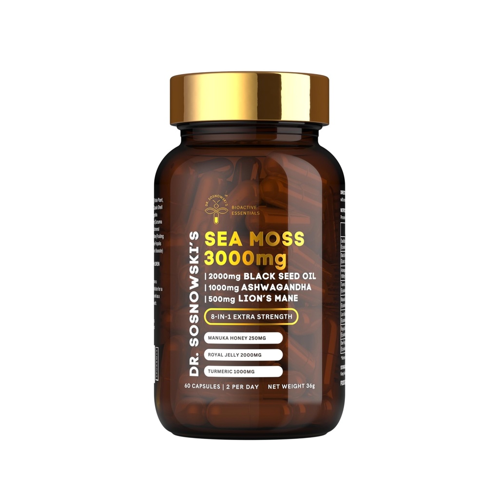 Dr Sosnowskis BioActive Sea Moss ® 8-i-1 Formula beriket med svart frø, Ashwagandha, Turmeric, Manuka Honning, Lion's Mane, Royal Jelly, Bee Propolis ekstrakt ® 60 Kapsler