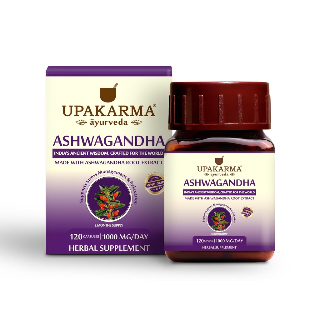 UPAKARMA Ashwagandha 60-dagers forsyning | Pure Extract Basert 1000 mg per servering | Lab testet, R&D støttet, 120 Vegan Kapsler, kosttilskudd for stress relief og energi støtte